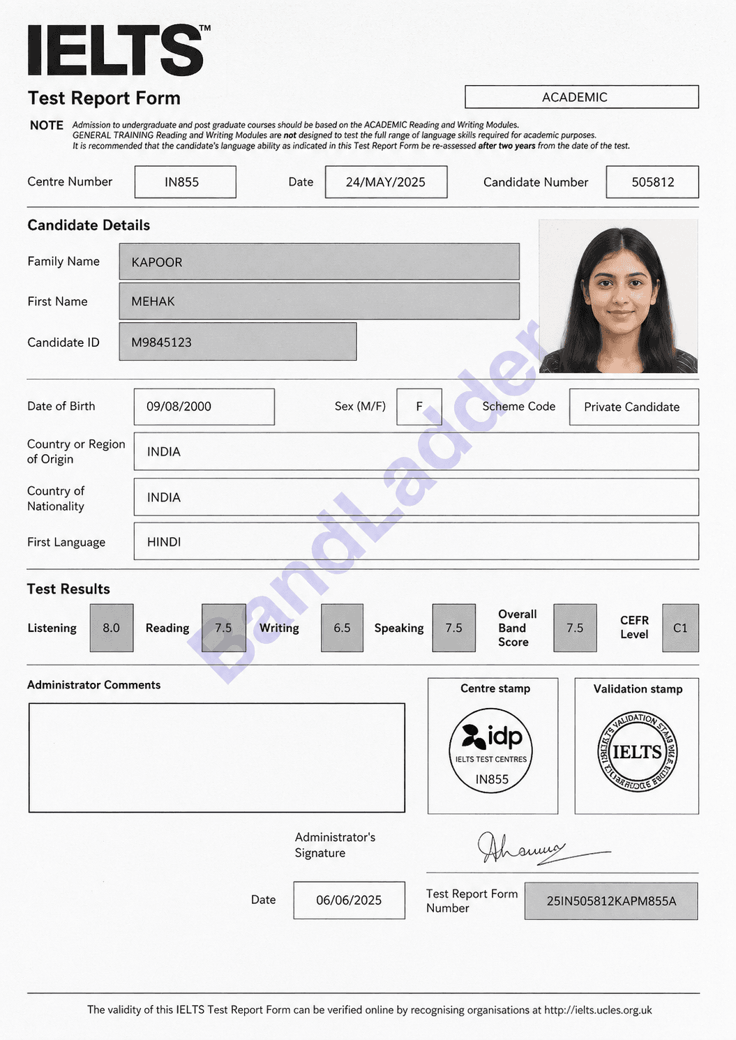 BandLadder IELTS result sheet 3